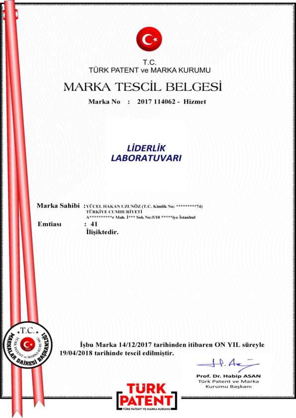 Liderlik Laboratuvarı Marka Tescil Belgemiz